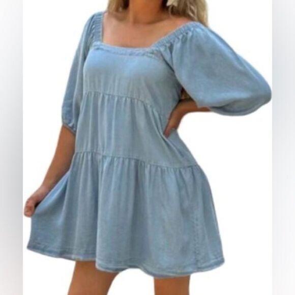 Blue Chambray Scalloped Puff Sleeve Mini Dress Size XS - Picture 1 of 9